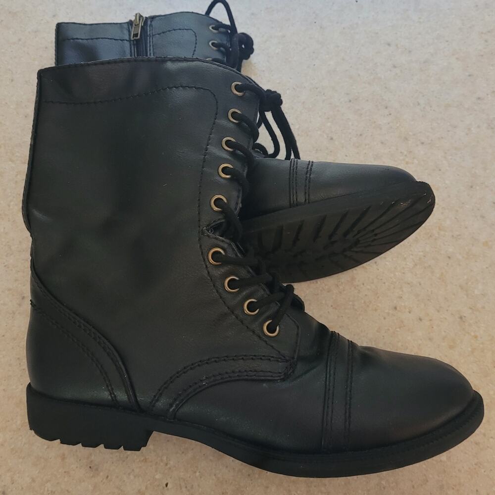 Black Combat Boots Womens 9 Lace Up Side Zip Moto Military Grunge Lug Sole